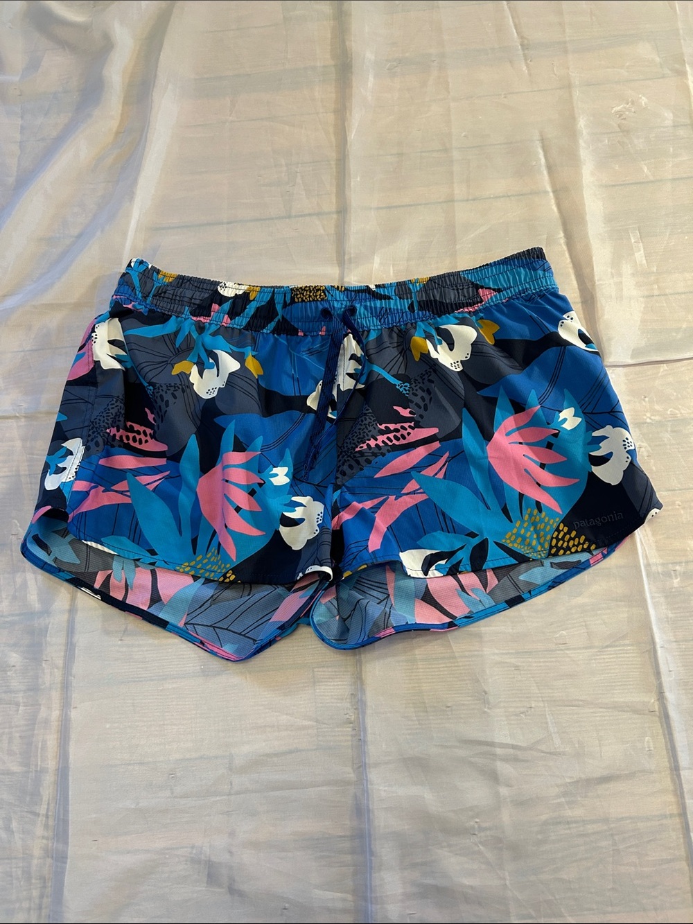 Patagonia Women’s Navy Shorts with Pink & Teal Tropical Print